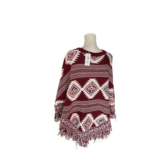 Boho Fringe Hem Poncho Sweater Tribal Aztec Geometric Print Maroon & White Sz S - Picture 3 of 6